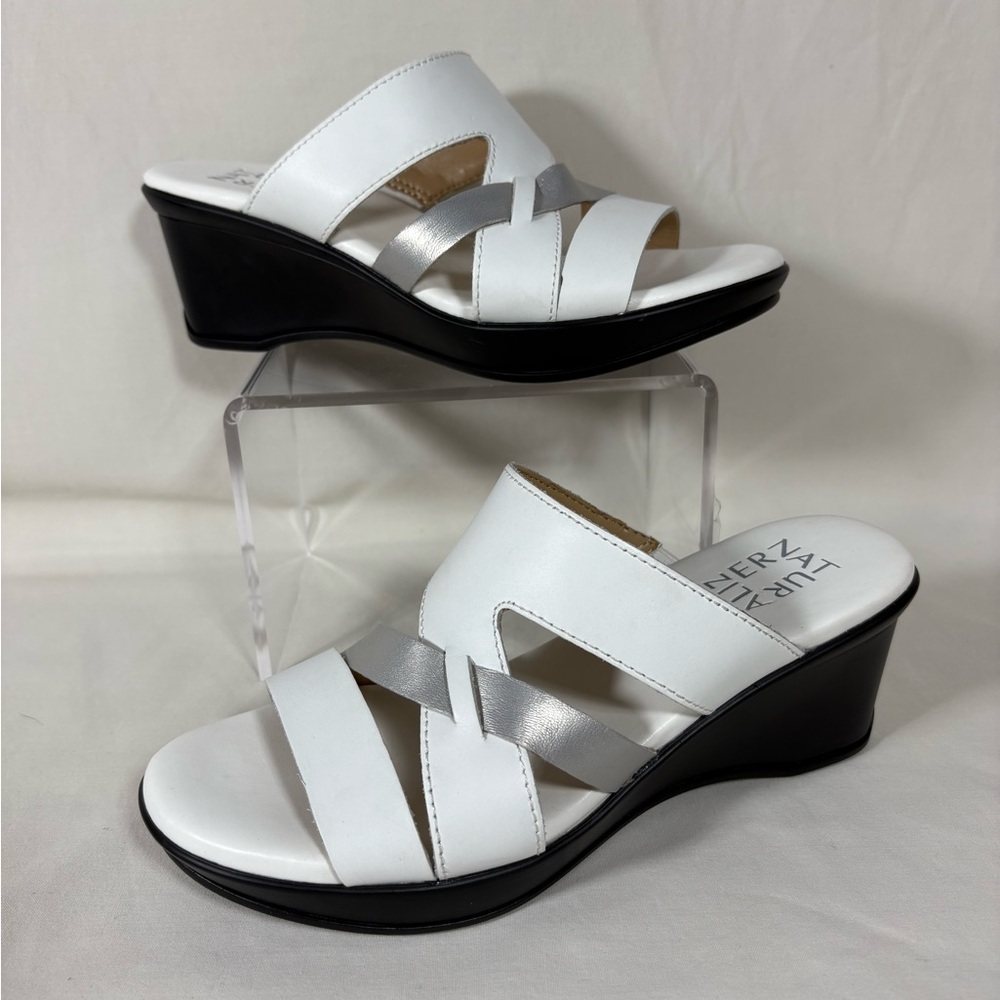 Naturalizer New Women's Vivy White/Silver Leather Wedge Sandal Size 5M